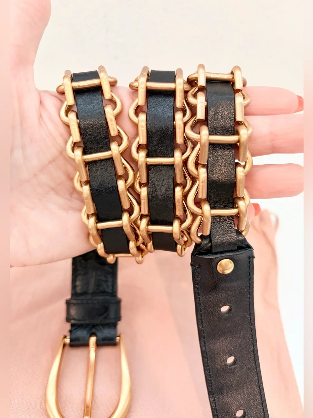 Auth MIU MIU Black Leather Gold-Tone Chain Link Belt, Size 75 / 30